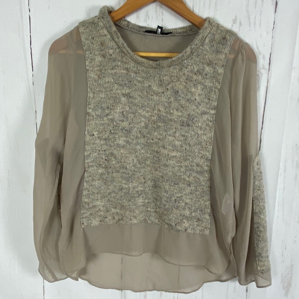 Aryn K beige sweater with sheer chiffon sleeves Anthropologie small